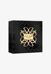 Svart förpackning med präglad blommönsterdesign. Guldaccentuerar märket "ELIE SAAB" och produktnamnet "L'Homme" på en rektangulär etikett.