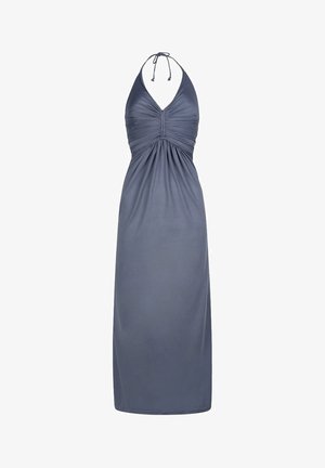 Haljina na halter vrat u tamnoplavoj tkanini, s nabrPredima na poprsju i dugim, glatkim siluetom, idealna za svakodnevno nošenje.