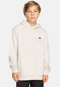Beige hoodie met een voorzak, capuchon met trekkoord en een klein blauw logo. Gemaakt van zachte materialen en heeft ribgebreide manchetten en zoom.