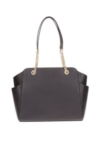 Borsa tote in pelle nera con design strutturato, doppi manici e accenti in catena color oro. Superficie testurizzata con tasche laterali per ulteriore spazio di archiviazione.