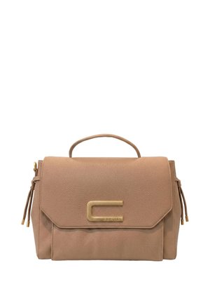 Hellbraune Lederhandtasche mit einem oberen Griff, goldfarbenem C-förmigen Verschluss und Quasten-Details an beiden Seiten.