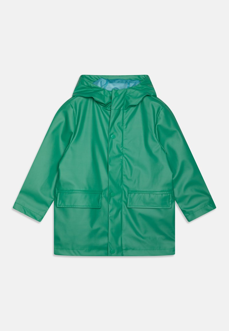 Green, waterproof rain jacket featuring a hood, snap closure, and two front pockets. Smooth texture with a shiny finish. Lined interior.