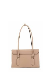 Sac à main rectangulaire en cuir beige avec deux longues bandoulières et des détails de couture minimalistes.