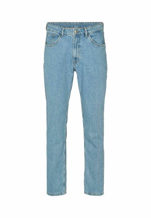 Světle modré džínové džíny s rovnými nohavicemi, předními kapsami, poutky na opasek a zapínáním na knoflík.