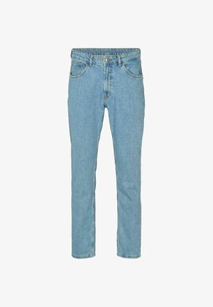 Világoskék egyenes szárú farmernadrág elülső zsebekkel, övbújtatókkal és gombos zárral.