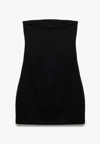 Schwarzes, trägerloses Kleid aus glattem Stoff mit einer taillierten Silhouette, ausgestattet mit einem Reißverschluss hinten und einem klaren, nahtlosen Design.