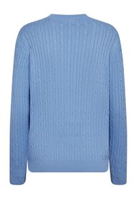Lichtblauwe gebreide trui met een geribbelde textuur, ronde halslijn en lange mouwen, met subtiele kabelpatronen over het geheel.