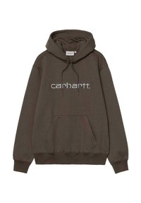 Sudadera de color verde oscuro hecha de una mezcla de algodón, con un bolsillo frontal, capucha con cordón y un prominente logo blanco de "carhartt" en el pecho.