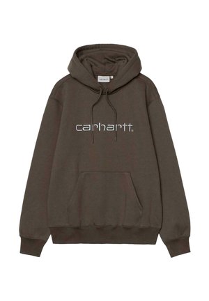 Felpa con cappuccio verde scuro realizzata in cotone misto, con tasca frontale, cappuccio con cordino e logo bianco ben visibile "carhartt" sul petto.