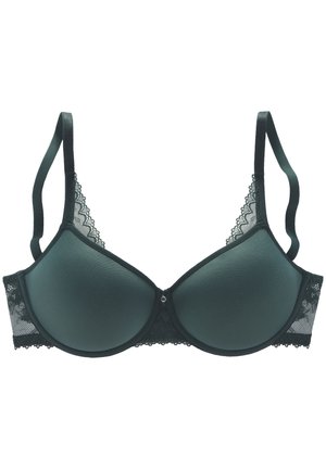 Soutien-gorge vert foncé avec des bonnets en tissu lisse, des accents en dentelle sur les côtés, des bretelles réglables et un gemme décorative au centre.