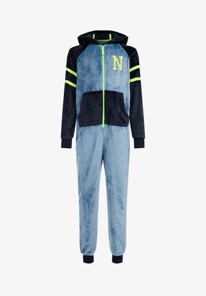Børns heldragt i fleece med hætte, lynlås foran, kængurulomme, i marineblå og blå farver, med neongrønne striber og 'N' mærke på brystet.