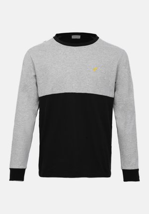 Szaro-czarna koszula z długim rękawem o poziomym, podzielonym wzorze, z żółtym logo na piersi i ściągaczami na mankietach.