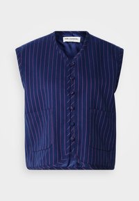 Tamsiai mėlynas be rankovių liemenė su rožinėmis vertikaliomis juostelėmis, turinti V formos iškirptę, priekinį mygtukų uždarymą ir dvi kišenes ant priekio. Minkšta medžiagos tekstūra.