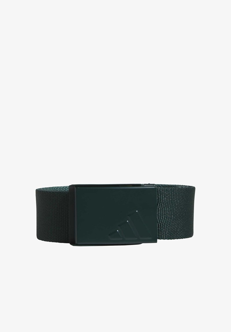 Green fabric belt with a matte black rectangular buckle featuring a raised three-stripe logo. Textured webbing adds durability.
