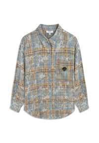 Camicia con bottoni in un motivo a quadri blu, marrone e giallo, realizzata in tessuto leggero, con una tasca frontale decorata con un design ricamato.