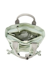 Borsa in finta pelle verde chiaro con manici grigi. Presenta un sistema di organizzazione interno, diversi scomparti e un ampio vano principale.