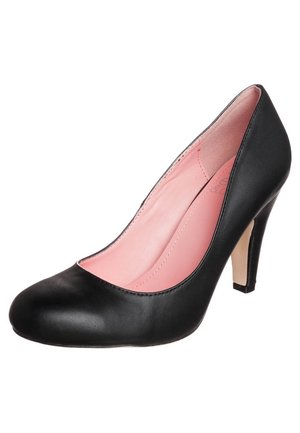 Escarpin noir en cuir à talons hauts avec bout fermé et finition lisse. L'intérieur présente une doublure rose; la hauteur du talon est d'environ 10 centimètres.
