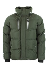 Giacca imbottita verde con colletto alto, dotata di due tasche frontali con zip, chiusura con bottoni e accenti bianchi a contrasto sul colletto.
