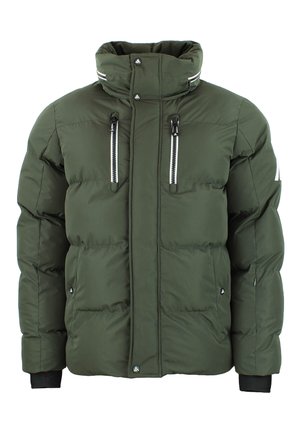 Veste matelassée verte avec un col montant, dotée de deux poches zippées à l'avant, d'une fermeture à bouton et d'accents blancs contrastants sur le col.