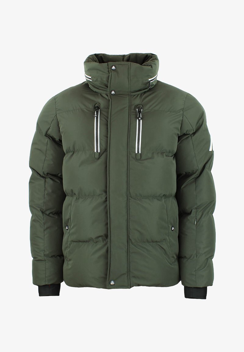 Grön vadderad jacka med hög krage, två framfickor med dragkedja, knapplåsning och kontrasterande vita detaljer på kragen.