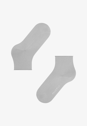 Gray ankle socks made of smooth fabric. Features a ribbed cuff and rounded toe, with a subtle logo printed on the side.