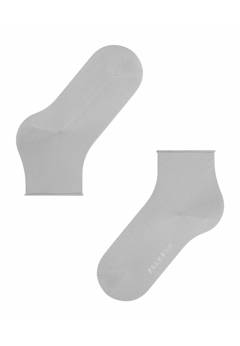 Grå ankelstrumpor i mjukt tyg. Har en ribbad mudd och rund tå, med en diskret logotyp tryckt på sidan.