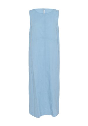 Vestido sin mangas de color azul claro, hecho de una tela suave. Presenta un escote redondo, un detalle de botón en la parte de atrás y bolsillos laterales. Silueta recta.
