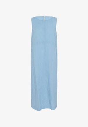 Svijetloplava, bez rukava haljina napravljena od mekog materijala. Ima okrugli izrez, detalj dugmadi na leđima i bočne džepove. Ima ravnu siluetu.