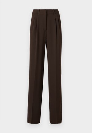 Brown pleated trousers with a straight-leg design, tailored fabric, and a smooth texture, featuring belt loops and side pockets.