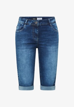 Siniset farkkuknee shortsit käännetyillä lahkeilla, edessä nappi, vetoketju ja kaksi etutaskua.