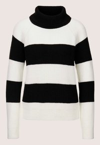 Gebreide trui met een hoge col, voorzien van brede zwart-witte strepen, geribbelde textuur en lange mouwen. Mid-length model.