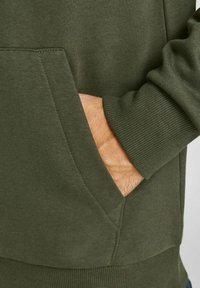 Felpa verde in cotone con tasca a marsupio, polsini a costine e una texture morbida, con una mano inserita nella tasca.