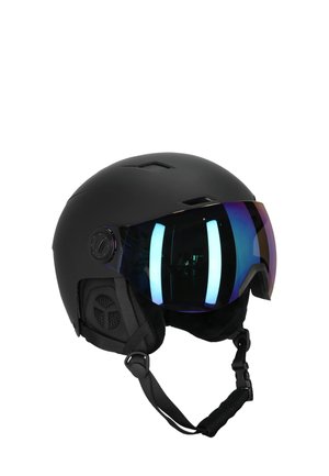 Casco da sci nero con finitura opaca liscia, occhiali da sci a specchio integrati e cinturino regolabile con fibbia e imbottitura per le orecchie.