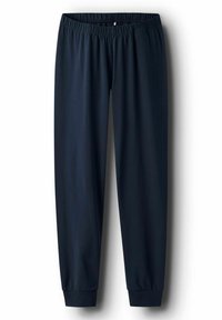 Pantalons de jogging à taille élastique bleu marine foncé avec chevilles resserrées, posés à plat sur un fond blanc.