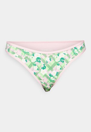 Lyserøde bikiniunderdele med et grønt og hvidt blomstermønster på en ternet baggrund. Fremstillet af strækbart materiale med en glat overflade.