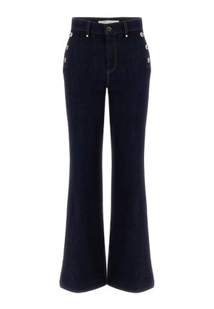Dark denim flared jeans with side buttons and contrast stitching. Features a fitted waist, wide legs, and a smooth texture.