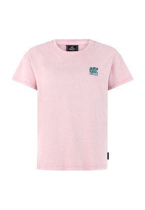 Lichtroze T-shirt met korte mouwen, gemaakt van zacht katoen. Voorzien van een groen bloemenlogo op de linkerborst en een relaxte pasvorm.