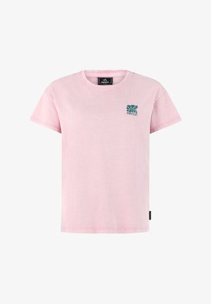 Lichtroze T-shirt met korte mouwen, gemaakt van zacht katoen. Voorzien van een groen bloemenlogo op de linkerborst en een relaxte pasvorm.