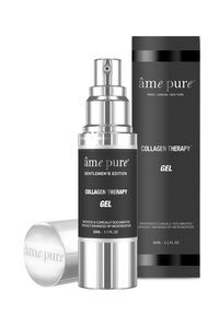 Kollagen-Therapie-Gel in einer metallischen Pumpflasche, mit einem schwarzen Etikett. Begleitet von einer passenden schwarzen Box. Enthält 30 ml.