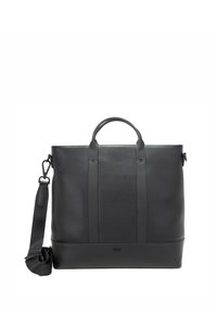 Mustat nahkataskut, joissa on kaksi yläkahvaa, irrotettava olkahihna ja ommelkoristeita; suorakulmainen muoto, jossa on sileä pinta.