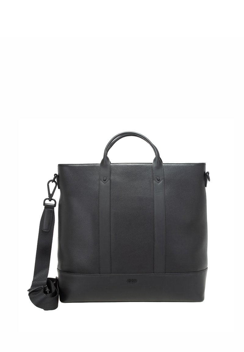 Mustat nahkataskut, joissa on kaksi yläkahvaa, irrotettava olkahihna ja ommelkoristeita; suorakulmainen muoto, jossa on sileä pinta.