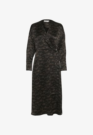 Abito avvolgente nero con motivo floreale, dotato di maniche lunghe, scollatura a V e fiocco laterale con un accento di anello in metallo. Tessuto morbido.