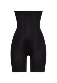 Shapewear negro hasta el muslo con una textura suave, diseño de cintura alta y bordes sin costuras, que presenta un refuerzo abierto para mayor comodidad.