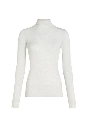 Langärmliges Rollkragenoberteil aus weichem, hellgrauem Stoff mit glatter Textur. Eng anliegendes Design, minimale Nähte und keine sichtbaren Muster.