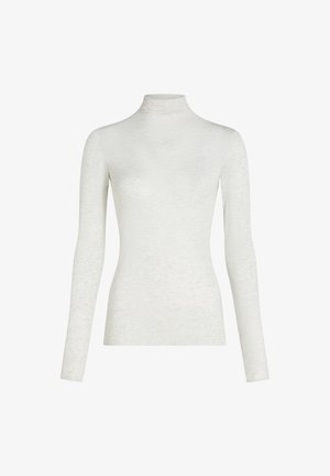 Langärmliges Rollkragenoberteil aus weichem, hellgrauem Stoff mit glatter Textur. Eng anliegendes Design, minimale Nähte und keine sichtbaren Muster.