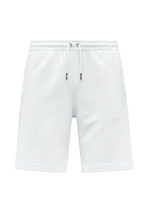 Pantaloncini bianchi di media lunghezza con vita elastica e chiusura frontale con coulisse bianca, realizzati in tessuto morbido.