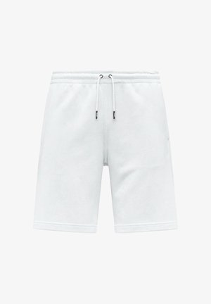 Pantaloncini bianchi di media lunghezza con vita elastica e chiusura frontale con coulisse bianca, realizzati in tessuto morbido.