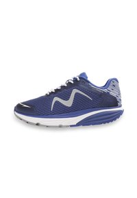 Baskets de sport pour hommes de couleur bleue avec lacets blancs, logo en forme de vague gris, talon à motif et semelle épaisse blanche et bleue portant l'inscription Colorado X.