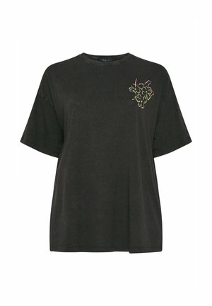 Zwart oversized T-shirt met korte mouwen en klein neon geel-roze bloemmotief op de bovenste linkerborst.