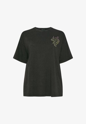 Maglietta nera oversize con maniche corte e piccolo motivo floreale neon giallo e rosa nella parte superiore sinistra del petto.